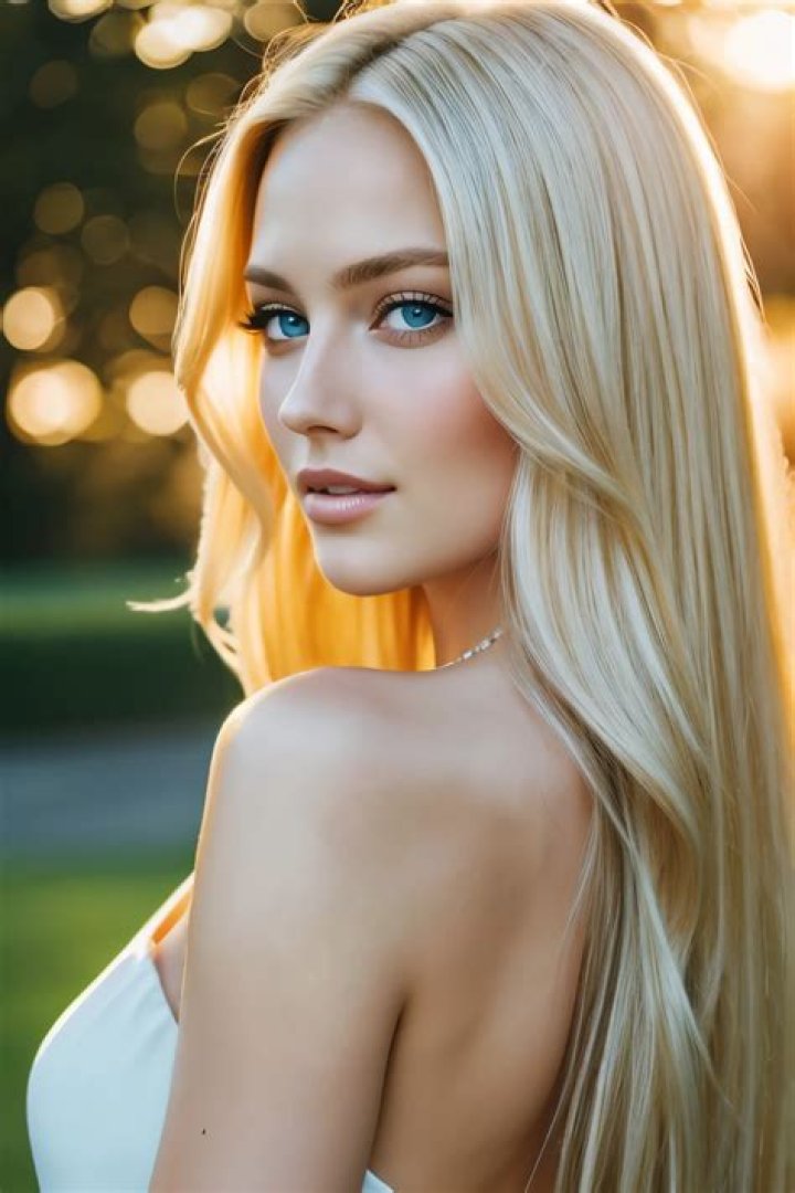 a woman with long blonde hair standing in front of a yellow curtain and