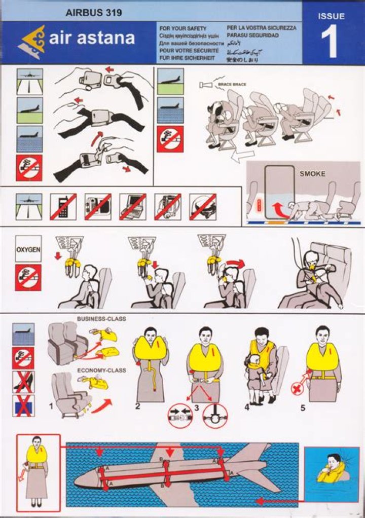 Safety card Air Astana Airbus A319 Astana, Technical illustration, Cards