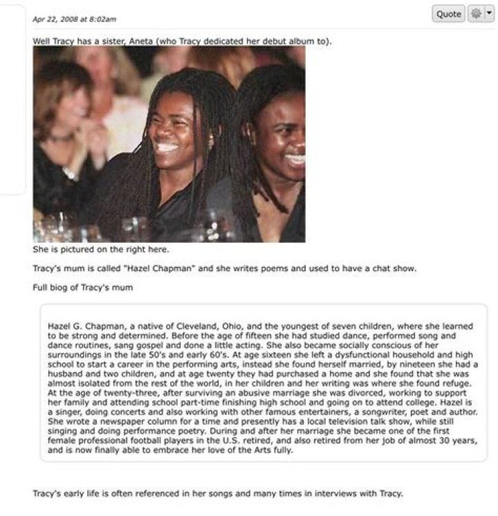 Tracy Chapman (mother, Hazel) (sister, Tracy chapman, Tracy